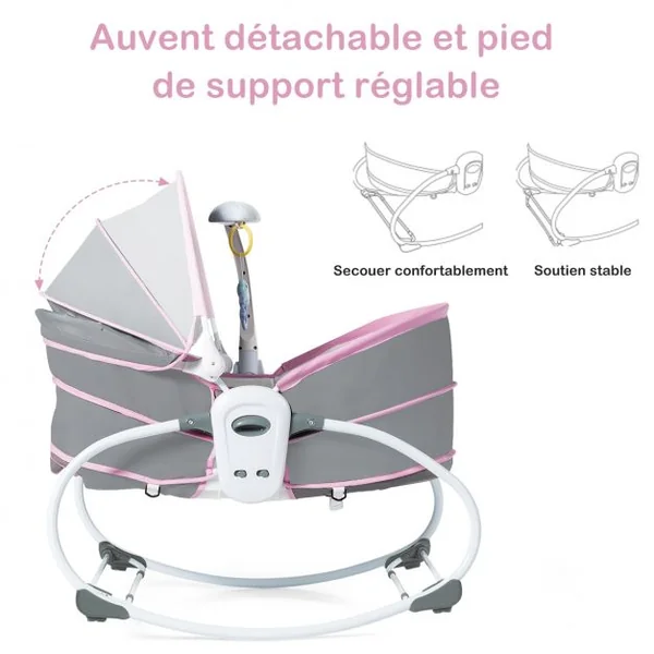 Transat Bébé 5 en 1 Lit Berceau Portable Boîte Musical Auvent Amovible Barrière et Dossier Ajustables79x52,5x80cm Rose