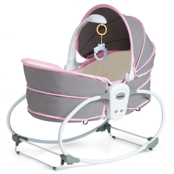 Transat Bébé 5 en 1 Lit Berceau Portable Boîte Musical Auvent Amovible Barrière et Dossier Ajustables79x52,5x80cm Rose