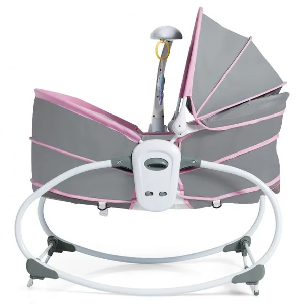 Transat Bébé 5 en 1 Lit Berceau Portable Boîte Musical Auvent Amovible Barrière et Dossier Ajustables79x52,5x80cm Rose