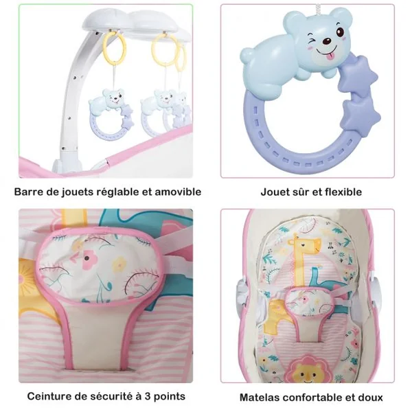 Transat Bébé 5 en 1 Lit Berceau Portable Boîte Musical Auvent Amovible Barrière et Dossier Ajustables79x52,5x80cm Rose