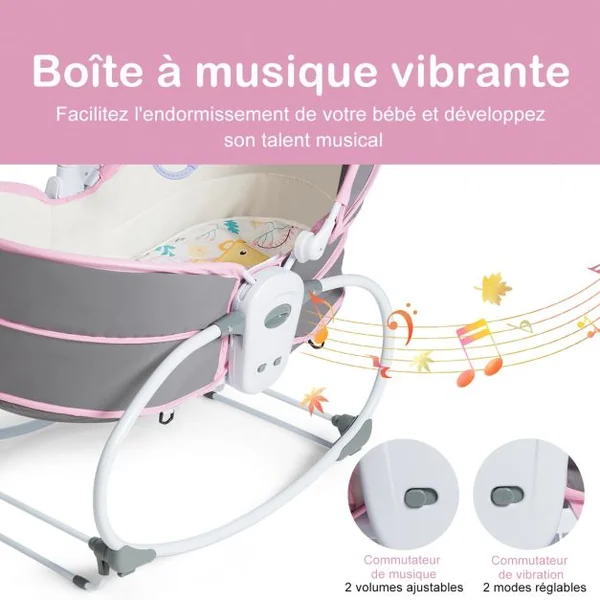 Transat Bébé 5 en 1 Lit Berceau Portable Boîte Musical Auvent Amovible Barrière et Dossier Ajustables79x52,5x80cm Rose