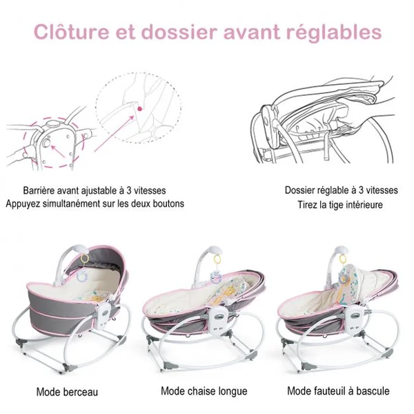 Transat Bébé 5 en 1 Lit Berceau Portable Boîte Musical Auvent Amovible Barrière et Dossier Ajustables79x52,5x80cm Rose
