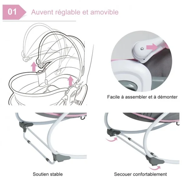 Transat Bébé 5 en 1 Lit Berceau Portable Boîte Musical Auvent Amovible Barrière et Dossier Ajustables79x52,5x80cm Rose