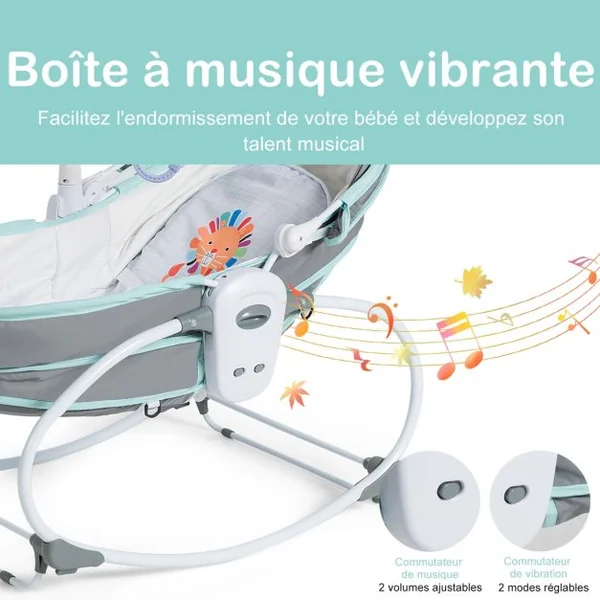 Transat Bébé 5 en 1 Lit Berceau Portable Boîte Musical Auvent Amovible Barrière et Dossier Ajustables79x52,5x80cm Vert