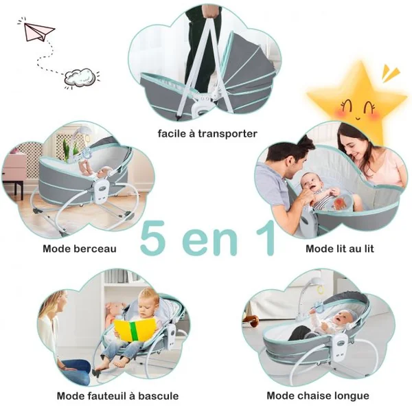 Transat Bébé 5 en 1 Lit Berceau Portable Boîte Musical Auvent Amovible Barrière et Dossier Ajustables79x52,5x80cm Vert