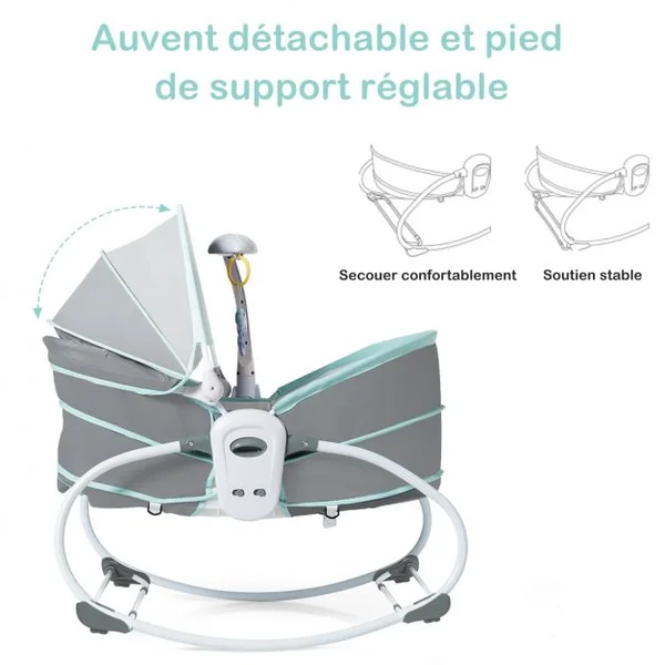 Transat Bébé 5 en 1 Lit Berceau Portable Boîte Musical Auvent Amovible Barrière et Dossier Ajustables79x52,5x80cm Vert