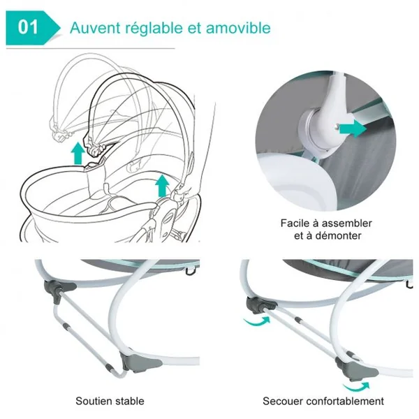 Transat Bébé 5 en 1 Lit Berceau Portable Boîte Musical Auvent Amovible Barrière et Dossier Ajustables79x52,5x80cm Vert