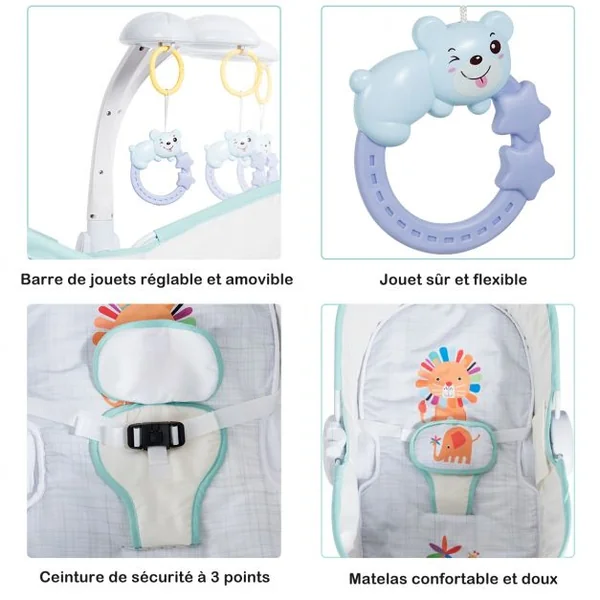 Transat Bébé 5 en 1 Lit Berceau Portable Boîte Musical Auvent Amovible Barrière et Dossier Ajustables79x52,5x80cm Vert