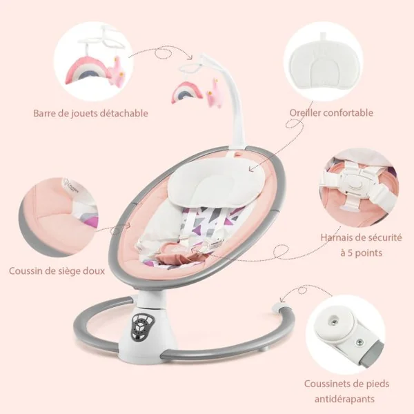 Transat Bébé Électrique 5 Amplitudes de Balançoire Balancelle pour Bébé 0-6 Mois avec Musique 2 Jouets Minuterie Rose