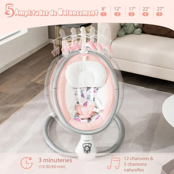 Transat Bébé Électrique 5 Amplitudes de Balançoire Balancelle pour Bébé 0-6 Mois avec Musique 2 Jouets Minuterie Rose