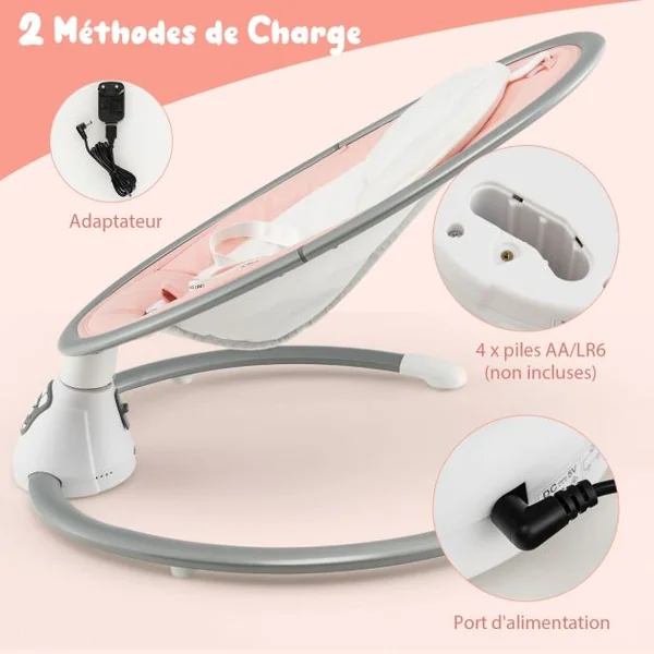 Transat Bébé Électrique 5 Amplitudes de Balançoire Balancelle pour Bébé 0-6 Mois avec Musique 2 Jouets Minuterie Rose