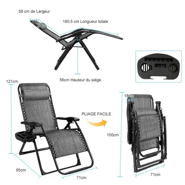 Transat Jardin Extérieur Capacité 227 KG Chaise Longue Pliante Cadre en Métal Repose-Pied Tissu Teslin Respirant Gris