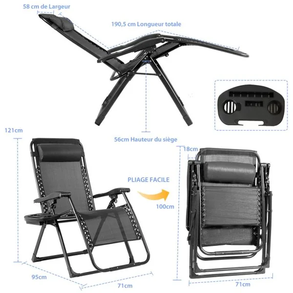 Transat Jardin Extérieur Capacité 227 KG Chaise Longue Pliante Cadre en Métal Repose-Pied Tissu Teslin Respirant Noir