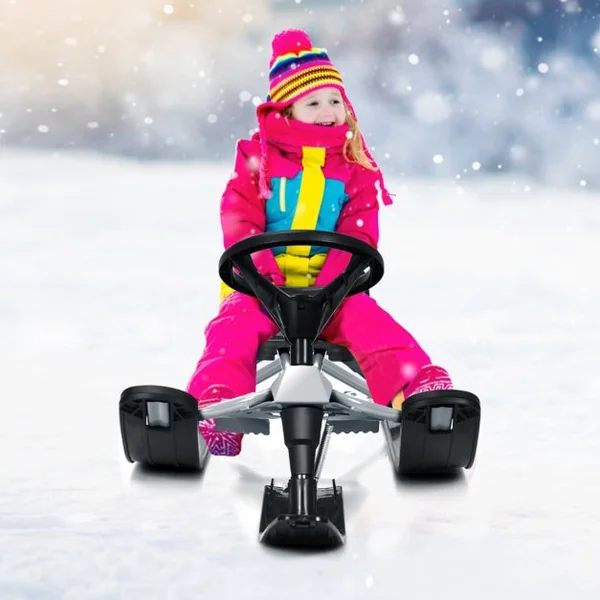 Traîneau à Neige Enfants avec Volant & Double frein Luge à Neige en Fer avec Siège Elargi, Structure Triangulaire Stable Charge 75kg pour Enfants de 4 Ans+ Gris