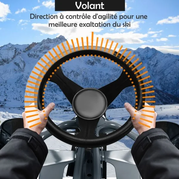 Traîneau à Neige Enfants avec Volant & Double frein Luge à Neige en Fer avec Siège Elargi, Structure Triangulaire Stable Charge 75kg pour Enfants de 4 Ans+ Gris