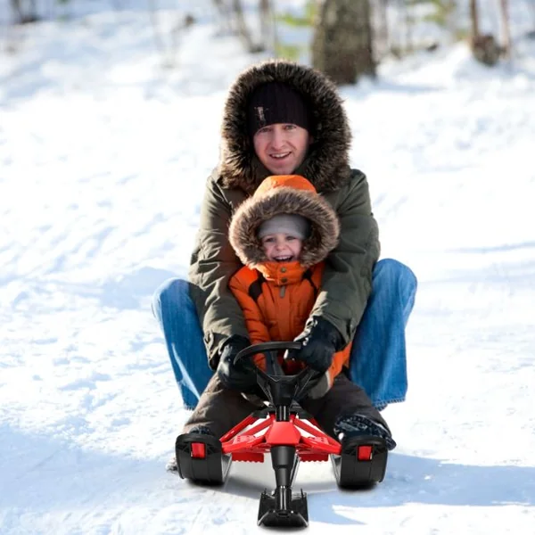Traîneau à Neige Enfants avec Volant & Double frein Luge à Neige en Fer avec Siège Elargi, Structure Triangulaire Stable Charge 75kg pour Enfants de 4 Ans+ Rouge