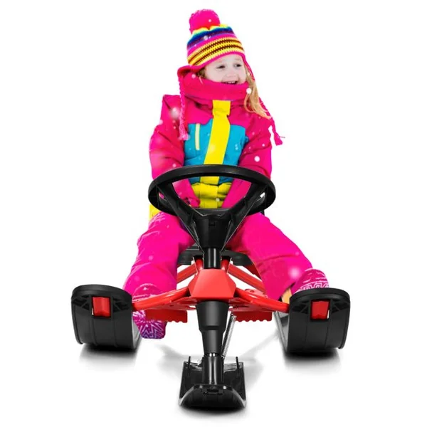 Traîneau à Neige Enfants avec Volant & Double frein Luge à Neige en Fer avec Siège Elargi, Structure Triangulaire Stable Charge 75kg pour Enfants de 4 Ans+ Rouge