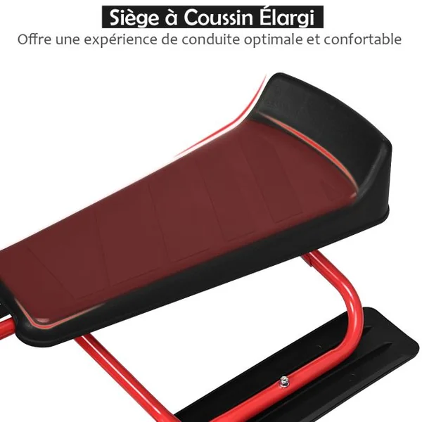 Traîneau à Neige Enfants avec Volant & Double frein Luge à Neige en Fer avec Siège Elargi, Structure Triangulaire Stable Charge 75kg pour Enfants de 4 Ans+ Rouge