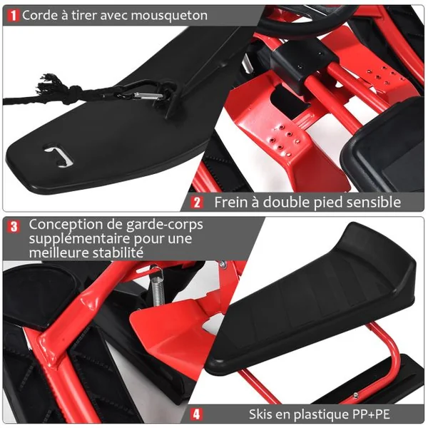 Traîneau à Neige Enfants avec Volant & Double frein Luge à Neige en Fer avec Siège Elargi, Structure Triangulaire Stable Charge 75kg pour Enfants de 4 Ans+ Rouge