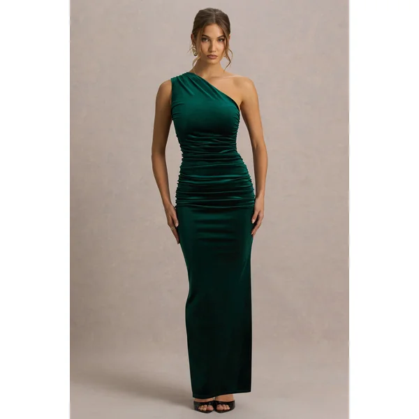 Treat | Robe longue en velours vert bouteille à col asymétrique avec détails froncés