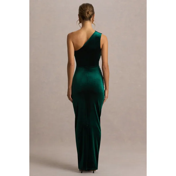 Treat | Robe longue en velours vert bouteille à col asymétrique avec détails froncés
