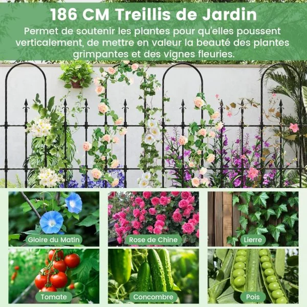 Treillis de Jardin pour Plantes Grimpantes 146 x 186 cm Cadre de Support Extérieur en Métal Antirouille pour Lit de Jardin Surélevé