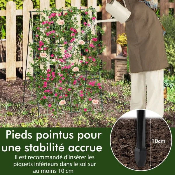 Treillis de Jardin pour Plantes Grimpantes à Cadre en ‘A’ avec Filet Support Vertical avec Poteaux en Métal Recouvert de PE Antirouille