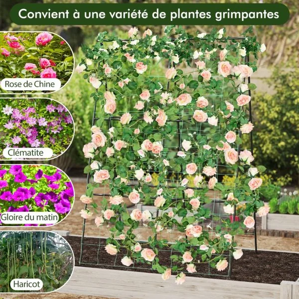 Treillis de Jardin pour Plantes Grimpantes à Cadre en ‘A’ avec Filet Support Vertical avec Poteaux en Métal Recouvert de PE Antirouille