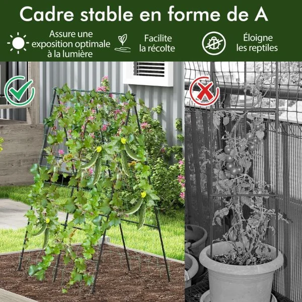 Treillis de Jardin pour Plantes Grimpantes à Cadre en ‘A’ avec Filet Support Vertical avec Poteaux en Métal Recouvert de PE Antirouille