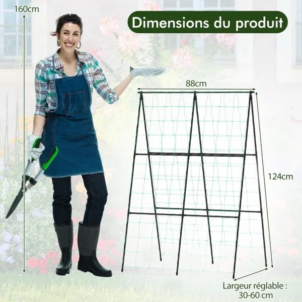 Treillis de Jardin pour Plantes Grimpantes à Cadre en ‘A’ avec Filet Support Vertical avec Poteaux en Métal Recouvert de PE Antirouille