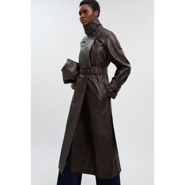 Trench-coat En Cuir Avec Ceinture