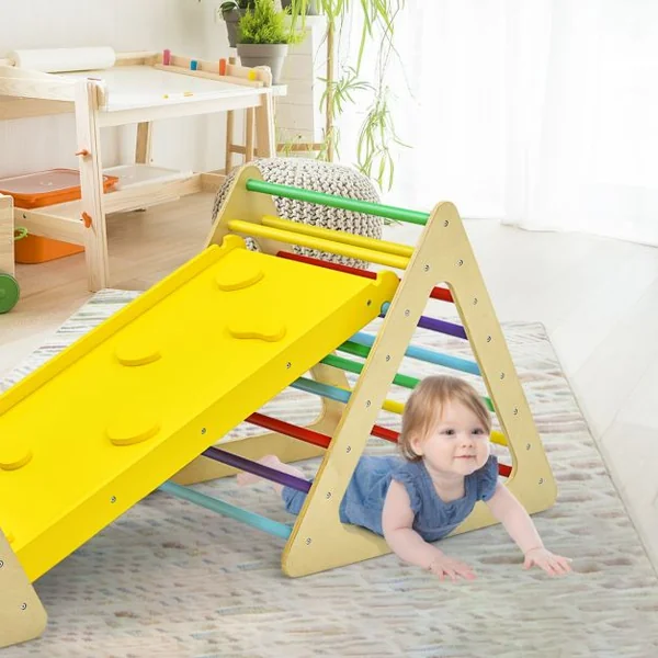 Triangle d'Escalade 3-en-1 pour Enfants avec 2 Échelles Triangle Rampe Réversible pour Grimper et Glisser en Bois Naturel