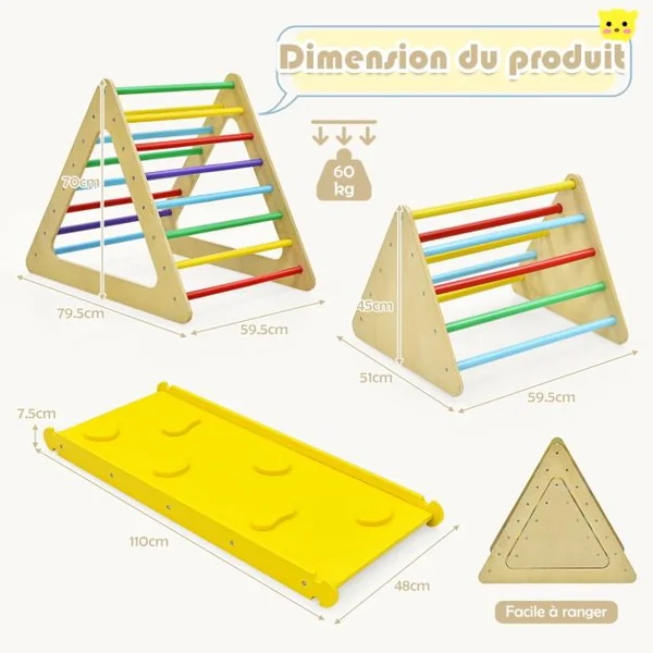 Triangle d'Escalade 3-en-1 pour Enfants avec 2 Échelles Triangle Rampe Réversible pour Grimper et Glisser en Bois Naturel