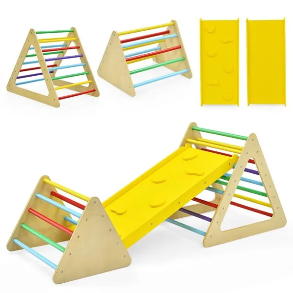 Triangle d'Escalade 3-en-1 pour Enfants avec 2 Échelles Triangle Rampe Réversible pour Grimper et Glisser en Bois Naturel