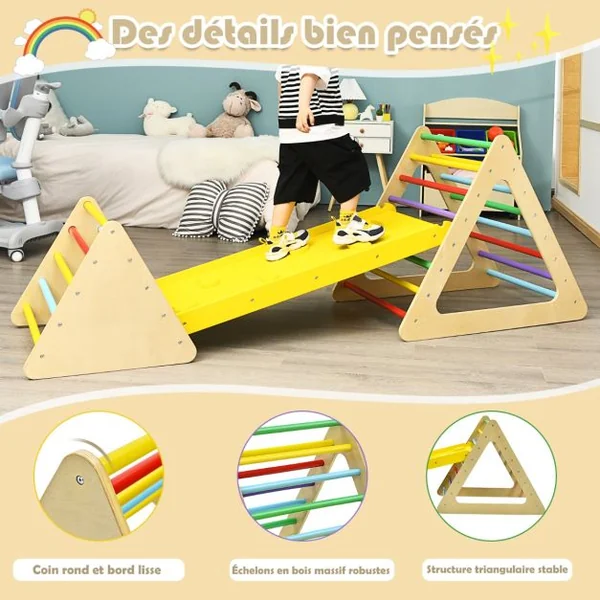 Triangle d'Escalade 3-en-1 pour Enfants avec 2 Échelles Triangle Rampe Réversible pour Grimper et Glisser en Bois Naturel