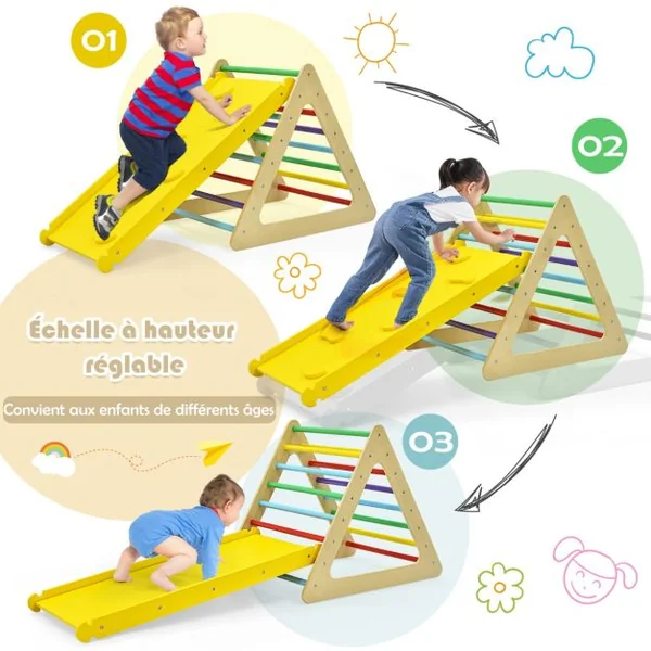 Triangle d'Escalade 3-en-1 pour Enfants avec 2 Échelles Triangle Rampe Réversible pour Grimper et Glisser en Bois Naturel