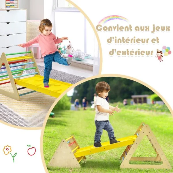 Triangle d'Escalade 3-en-1 pour Enfants avec 2 Échelles Triangle Rampe Réversible pour Grimper et Glisser en Bois Naturel