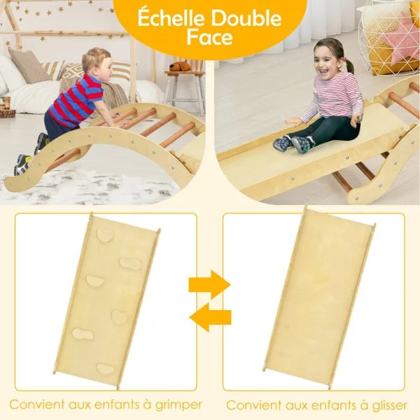 Triangle d'Escalade Foldable 3 en 1 pour Enfants avec Rampe Réversible et Tapis pour Grimper et Glisser en Bois Charge Max. 60 kg Naturel