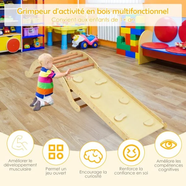 Triangle d'Escalade Foldable 3 en 1 pour Enfants avec Rampe Réversible et Tapis pour Grimper et Glisser en Bois Charge Max. 60 kg Naturel