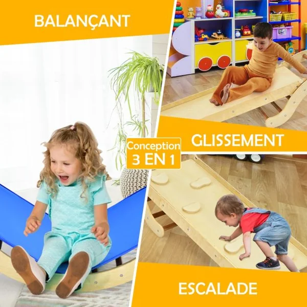 Triangle d'Escalade Foldable 3 en 1 pour Enfants avec Rampe Réversible et Tapis pour Grimper et Glisser en Bois Charge Max. 60 kg Naturel