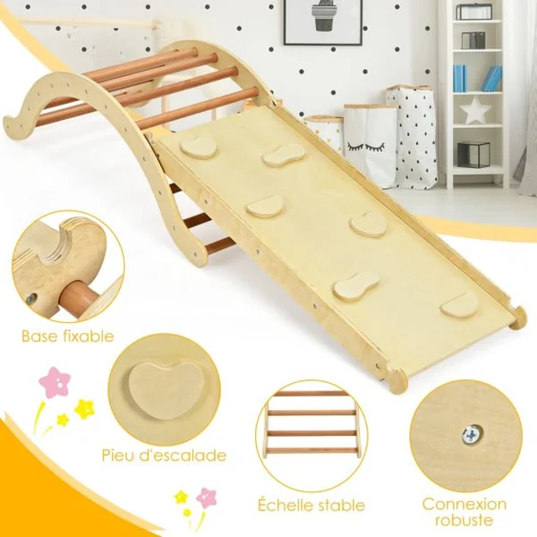 Triangle d'Escalade Foldable 3 en 1 pour Enfants avec Rampe Réversible et Tapis pour Grimper et Glisser en Bois Charge Max. 60 kg Naturel