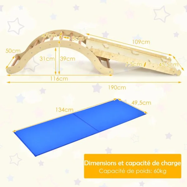 Triangle d'Escalade Foldable 3 en 1 pour Enfants avec Rampe Réversible et Tapis pour Grimper et Glisser en Bois Charge Max. 60 kg Naturel