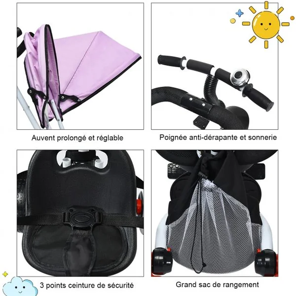Tricycle Bébé Evolutif Vélo Enfant de 1 à 5 Ans Pliable avec Tige-poussoir et Pare-soleil Sac de Rangement 91x50x102cm