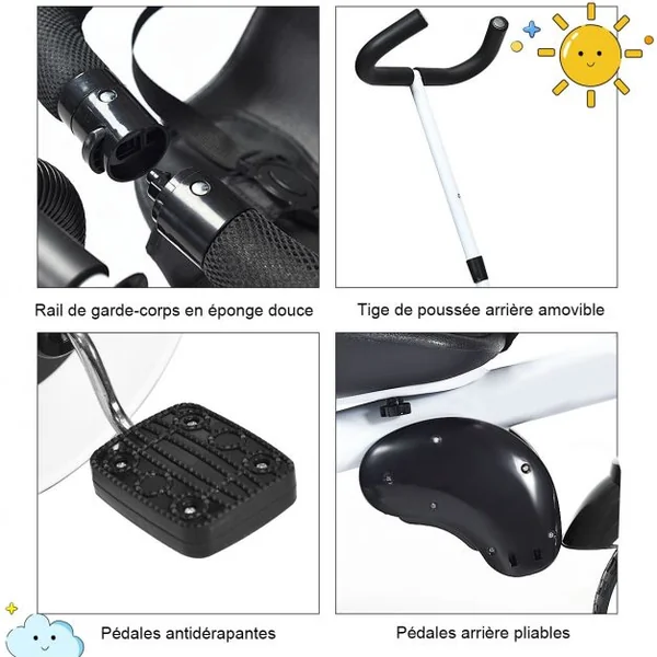 Tricycle Bébé Evolutif Vélo Enfant de 1 à 5 Ans Pliable avec Tige-poussoir et Pare-soleil Sac de Rangement 91x50x102cm