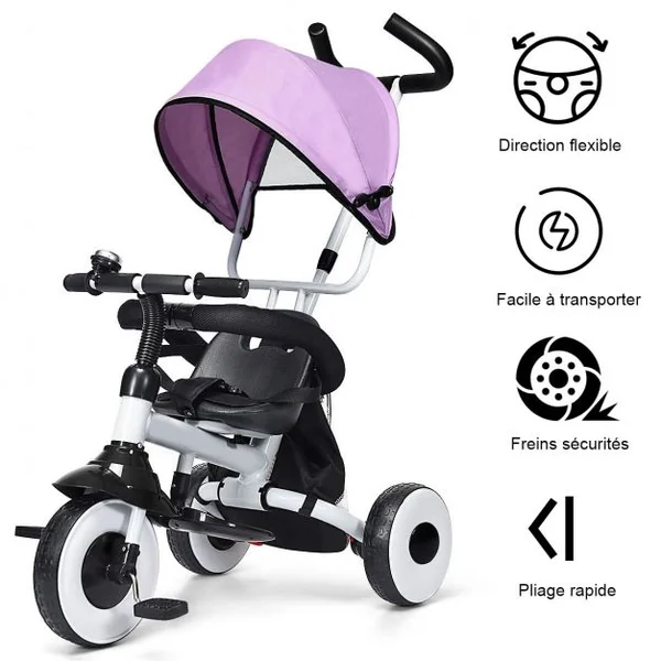 Tricycle Bébé Evolutif Vélo Enfant de 1 à 5 Ans Pliable avec Tige-poussoir et Pare-soleil Sac de Rangement 91x50x102cm