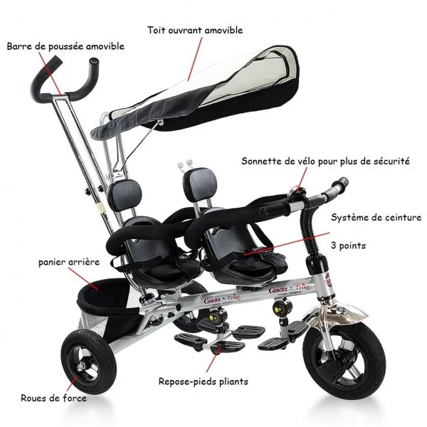 Tricycle Enfant/bébé 18 à 48 Mois évolutif Double Auvent Pliable et Arceau de Sécurité 40 kg Max, 102x60x100cm, Noir