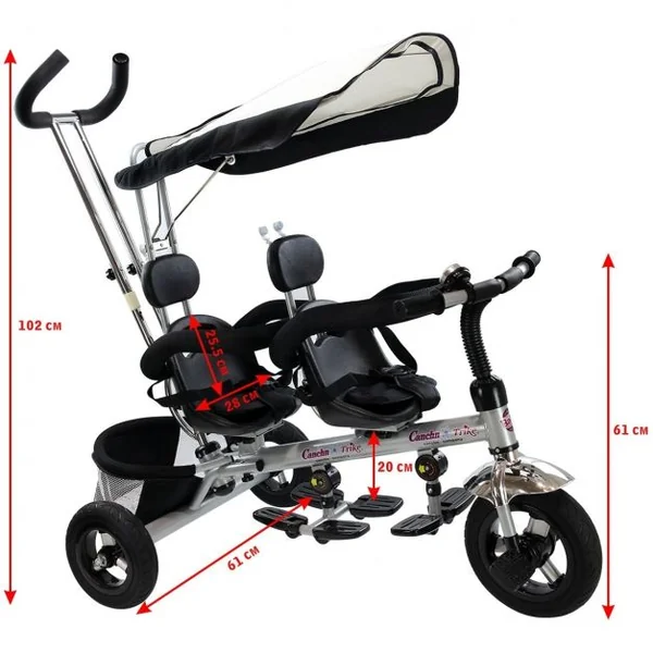 Tricycle Enfant/bébé 18 à 48 Mois évolutif Double Auvent Pliable et Arceau de Sécurité 40 kg Max, 102x60x100cm, Noir