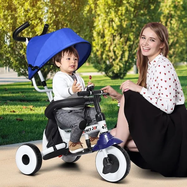 Tricycle Vélo 4 en 1 Évolutif Pliable pour Enfants de 1 à 5 Ans Capacité 25kg en Acier PVC ABS, 91x49,5x102,5cm, Bleu