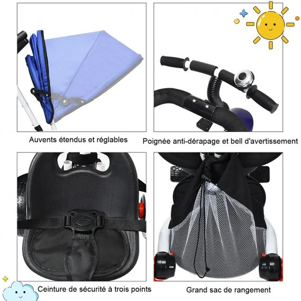 Tricycle Vélo 4 en 1 Évolutif Pliable pour Enfants de 1 à 5 Ans Capacité 25kg en Acier PVC ABS, 91x49,5x102,5cm, Bleu