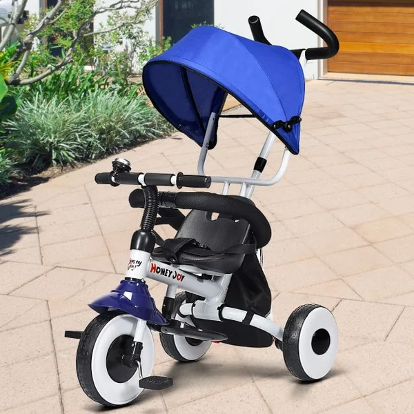 Tricycle Vélo 4 en 1 Évolutif Pliable pour Enfants de 1 à 5 Ans Capacité 25kg en Acier PVC ABS, 91x49,5x102,5cm, Bleu
